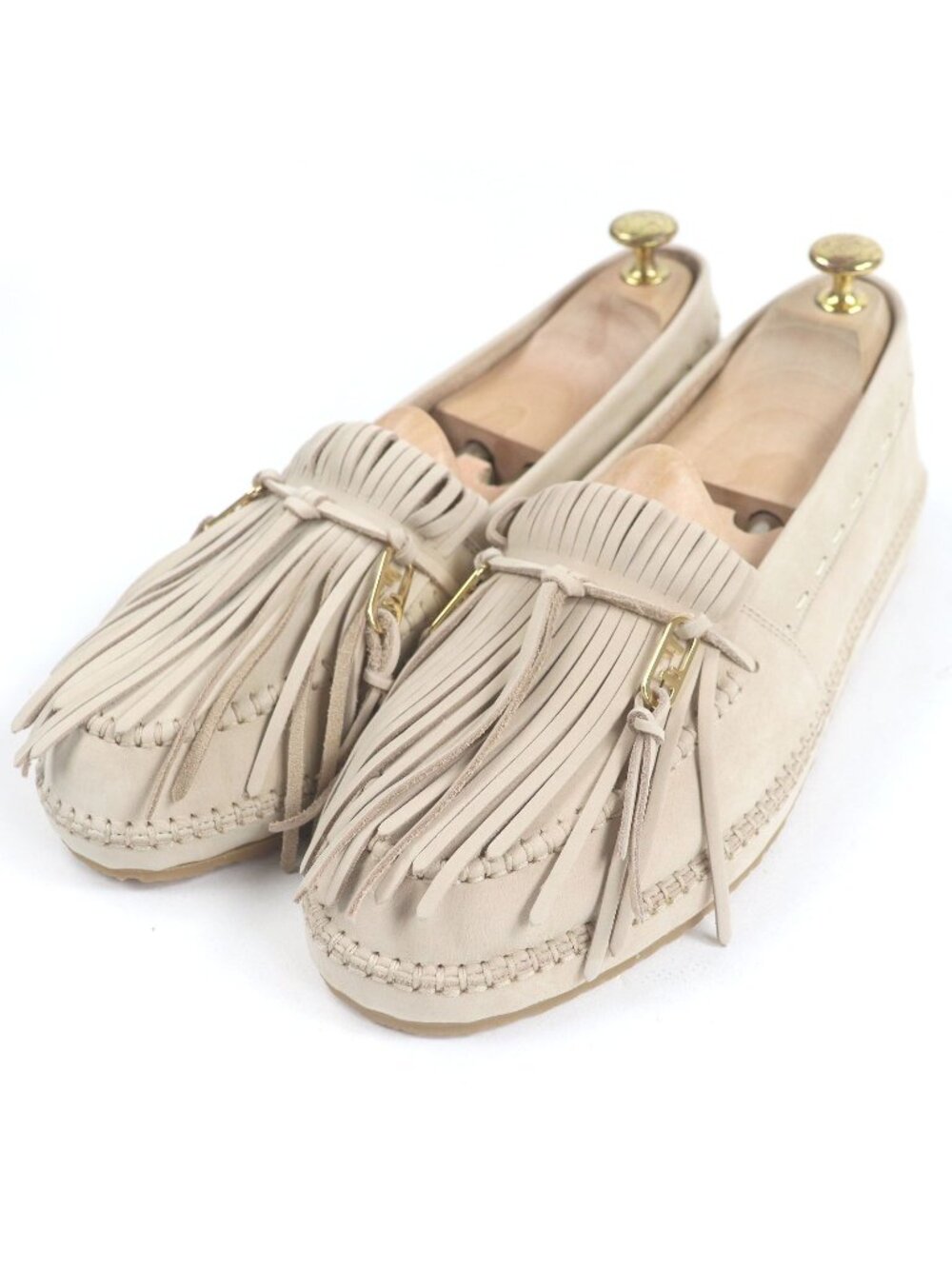 Fendi Nubuck FF Logo Gold Fringe O'lock Loafers Beige